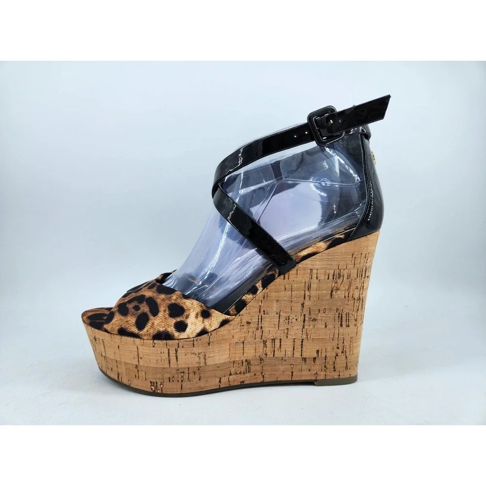 Guess Platform Wedge Sandals Womens 8M Brown Leopard Print Patent Cork Strappy